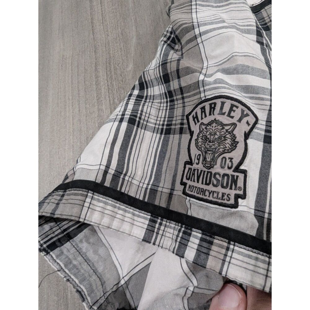 Harley Davidson Short Sleeve Plaid Button Up Shirt HDMC Graphic B&W Men's XL - Picture 8 of 8